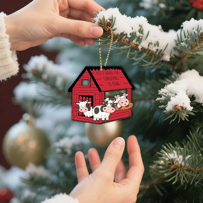 34HD Cow Barn Christmas Ornament 2025 – Wooden 2-Layered Hanging Xmas Tree Ornament Decoration, Funny Farm House Decor and Christmas Keepsake Gifts for Cow Lovers and Women