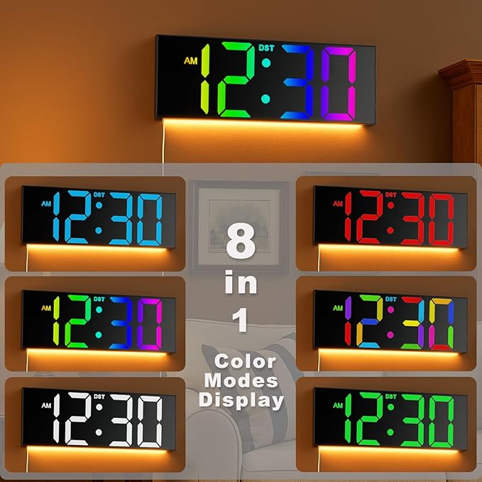 TrophyRak 12'' Large Digital Wall Clock, with Big LED Dispaly, RGB Colors, Dimmer, DST, Night Light for Classroom Livingroom Bedroom Wall Mounted, Birthday Xmas Gift for Senior, Men Womem, Black, RGB