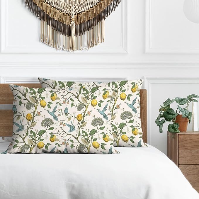 Lemon Tree Pillow Covers 18x18 Inch Vintage Blue Birds Print Pillow Protectors with Zipper Standard Size Rustic Nature Floral Botanical Pillowcases Antique Midcentury Modern Bed Pillow Covers Set of 2