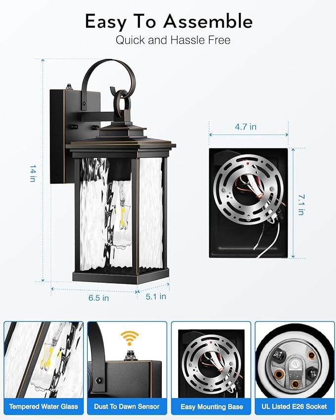 VIANIS Dusk to Dawn Outdoor Wall Lantern, Modern Black (Gold Trim) Exterior Light Fixtures for Garage, Anti-Rust Outside Porch Lighting Wall Mount Sconce Lighting for House with Tempered Glass