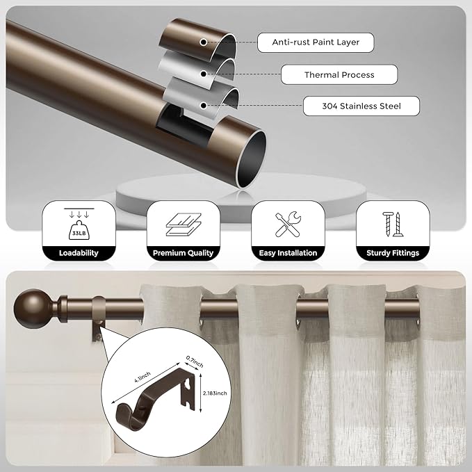 Bronze Curtain Rod, 1 Inch Adjustable Heavy Duty Curtain Rods for Windows 48 to 84 Inch, Decorative Modern Window Treatment Rods, Telescopic Splicing Metal Drapery Pole, Easy Installation