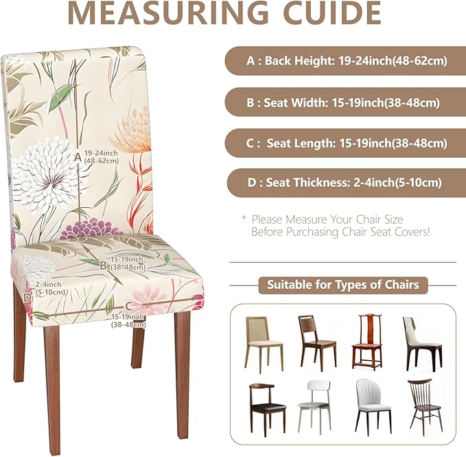 Stretch Dining Chair Covers Set of 6,Floral Print Chair Covers,Soft Removable Washable,Pet Friendly Furniture Protector,Universal Chair Slipcovers for Home, Kitchen,Ceremony Dining Room Seat