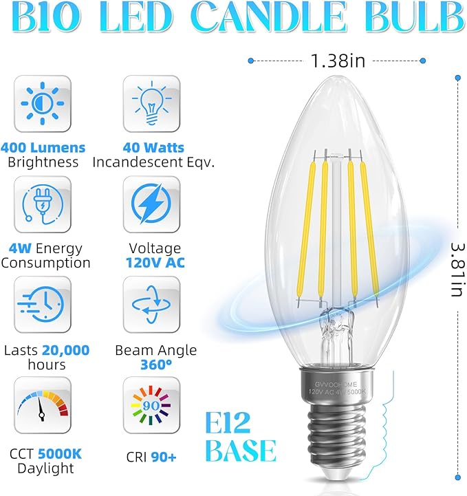 Candelabra Light Bulbs 40 watt Equivalent, Chandelier Light Bulb Non-Dimmable E12 LED Bulb, B10 LED Candle Bulb 5000K Daylight, 90+CRI, 400LM, Cear Glass, 24 Pack