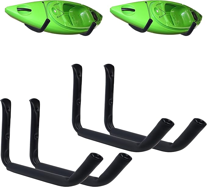 4 Pack Kayak Wall Mount Rack, Heavy Duty 120 LBS Garage Storage Hooks, 15 Inch Wide Utility Hangers for Canoe, SUP, Surfboard, Ladders, Lumber & Tools (Black)