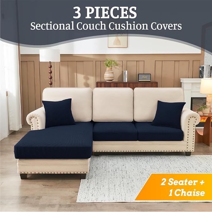 Sectional Couch Covers for Sofa Cushion L Shaped Couch Cover Washable Soft Couch Cushion Covers Stretch Sofa Slipcovers with 2 Pcs Pillowcases(3-Piece 2 Seater + 1 Chaise, Navy)