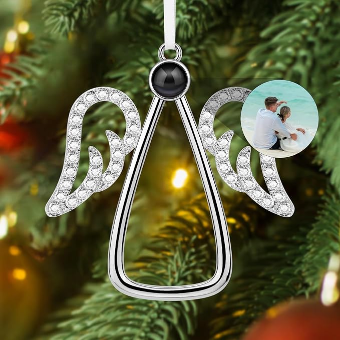 SUPHELPU Custom Angel Ornament with Picture Inside, Photo Ornaments for Christmas Tree, Personalized Christmas Projection Ornament, Customized Memorial Pendant for Xmas Family