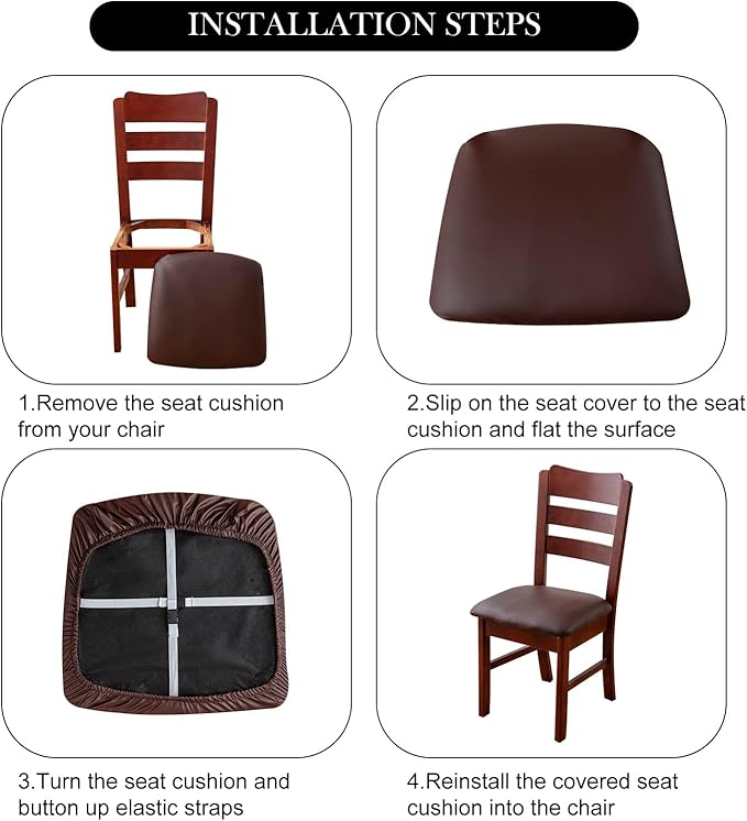 Waterproof PU Leather Seat Covers for Dining Room Chairs Set of 2, Stretch Dining Chair Slipcovers, Kitchen Chair Seat Covers, Non-Slip & Washable (Beige)