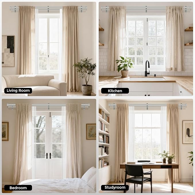 Double Curtain Rod, 1 Inch Silver Long Dual Curtain Rods 84 to 120 Inch with Aluminium Modern End Cap Finial, Adjustable Heavy Duty Window Treatment Rod, Telescopic Metal Double Drapery Pole Set
