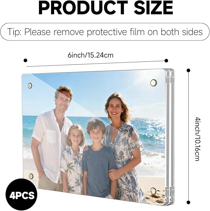 4x6 Acrylic Picture Frame 4 Pack Clear Magnetic Photo Frames Double Sided Free Standing Desktop Display