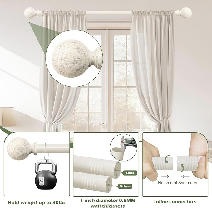 White Wood Curtain Rods for Windows:Farmhouse Boho Rrustic Wooden Curtain Rod Living Room Bedroom,Decorative Adjustable Antique White Drapery Rods Faux Wood Grain Vintage Distressed,Size:66-120",2Pack