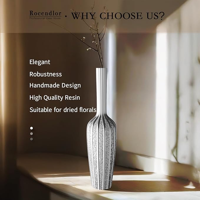 Elegant Silver Floor Vase - 23.62 Inch Tall Decorative Vase for Dried Flowers & Home Décor, Resin Tall Floor Vase, Silver Vases