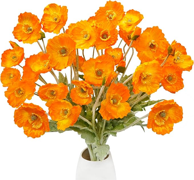 12PCS Orange Poppy Flowers Artificial 23" Real Touch Stems Faux Poppies Silk Flowers for Home Decor Indoor (Orange)