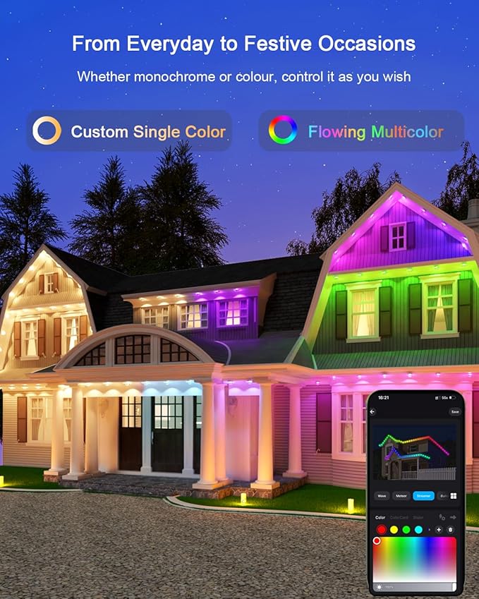 Permanent Outdoor Lights - 100FT Smart AI RGB+IC LED with 72 Lights, IP67 Waterproof, 75+ Scene Modes, Alexa/Google/Remote Control Enabled, DIY Music Sync for Christmas, Holiday & Home Decor, White