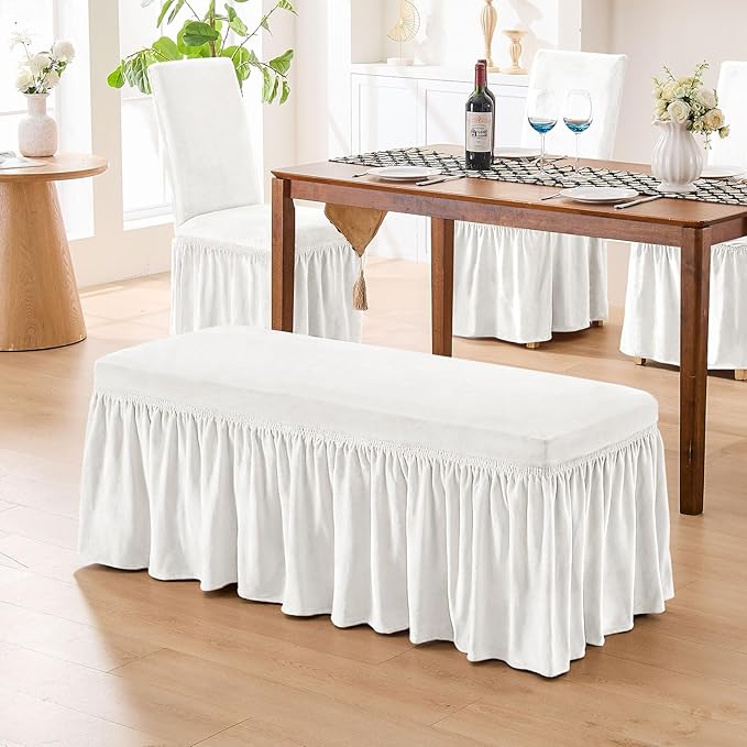 NICEEC Spandex Stretch Dining Bench Cover with Skirt Removable Bench Slipcover Rectangle Washable Bench Cushion Covers for Dining Room Living Room Bedroom Kitchen(White)