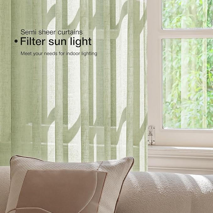 Anmao Natural Linen Curtains for Living Room 84 Inch Length 2 Panels Set, Light Filtering Semi Sheer Window Curtain Drapes for Bedroom with Curtain Rings and Clips, 52 Inch Wide Each Panel, Sage