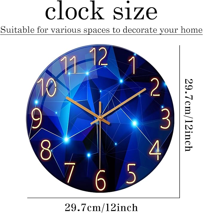 Blue Wall Clock for Living Room Decor Kitchen Wall Clocks Battery Operated 12 Inch Round Glass Decorative Wall Clock Non Ticking