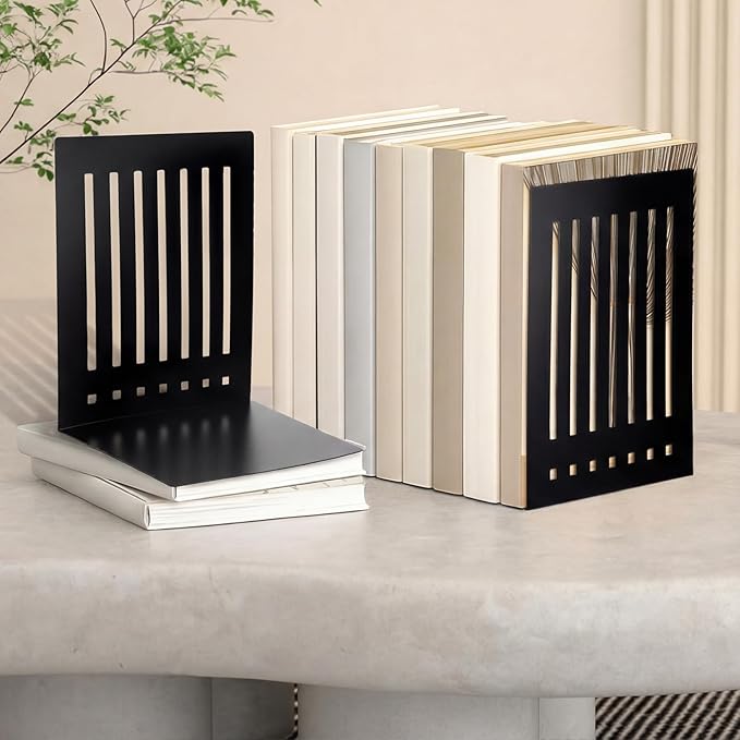4 Pcs 10 Inch Heavy Duty Bookends Non-Skid Base Large Black Heavy Duty Book Ends Stopper for Office Books Vinyl Records Shelves Binders
