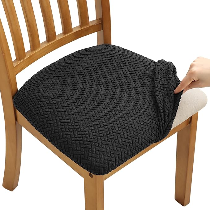 Fuloon Stretch Seat Cushion Covers 4 PCS, Washable Chair Seat Slipcover Chair Cover Dining Room for Hotel, Ceremony, Banquet Wedding Party (Black, 4)