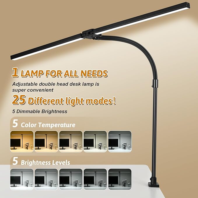 Double Head LED Desk Lamp with Timer of Remote Control 24W Brightest Computer Desk Light Office Lamp for Workbench Drafting Architect Study Reading Gaming with Anti-Glare Cover