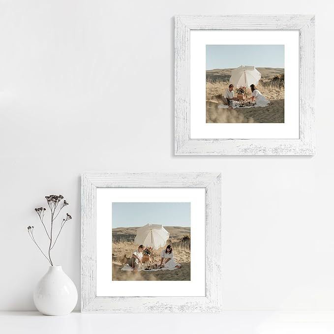 iRahmen 8x8 Picture Frames Set of 4 with Real Glass, Distressed White Frame Display 6x6 Pictures with Mat or 8 x 8 Without Mat, Wood Square Photo Frame for Wall Mount and Tabletop Display