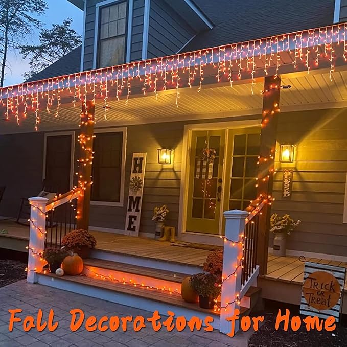 YEGUO 66ft 800 LED Orange Thanksgiving Lights, Connetable Icicle Light Outdoor Waterproof, 8 Modes Christmas Lights Indoor Plug in for Thanksgiving House Patio Fall