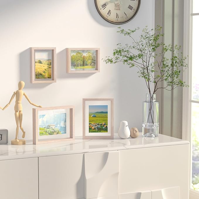 Egofine 4x6 Floating Frames Set of 2, Double Plexiglass Picture Frame, Made of Solid Wood Display Any Size Photo up to 4x6, Wall Mount or Tabletop Standing, Rose Pink