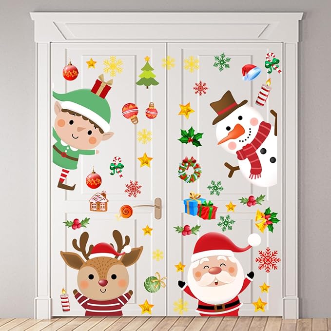34.37 x 30.62 Inch Large Christmas Door Stickers Decor Removable Elk Santa Claus Reindeer Snowman Cute Penguin Bear Snowflake Decal for Window Door Refrigerator Home Bedroom Festival Party Decorations