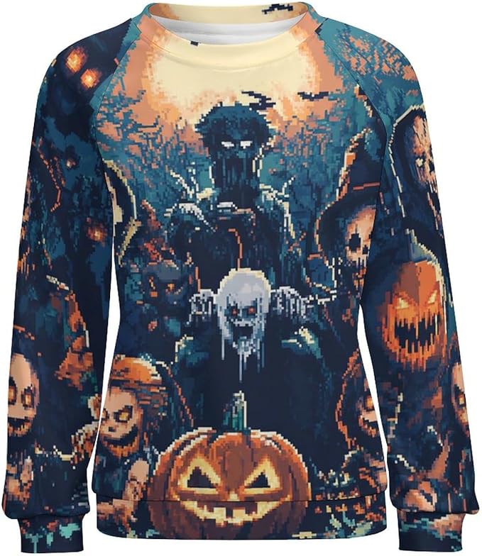 Halloween Sweatshirts for Women Funny and Spooky Print Crewneck Oversized Pullover Outdoor Lounge Fashion Sweater