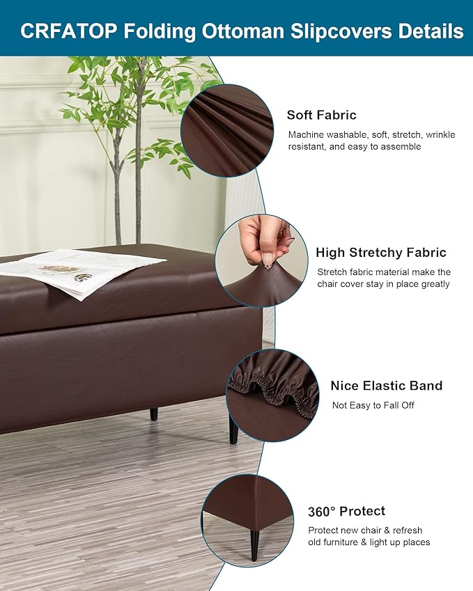 CRFATOP Waterproof PU Ottoman Stool Cover Stretch Folding Storage Footstool Bench Slipcovers Upholstered Foot Chest Chair Covers Washable Entryway Furniture Protector with Elastic Bands,L,Coffee