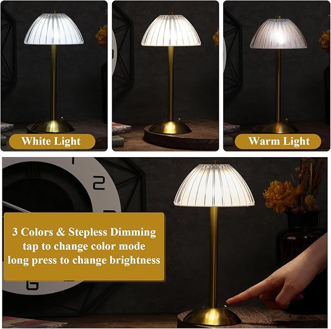 Liliful 8 Pcs LED Portable Cordless Table Lamp Touch Battery Operated Rechargeable Gold Desk Lamp 3 Color Dimmable for Bedroom Living Room Dining (Gold,Mushroom Style)