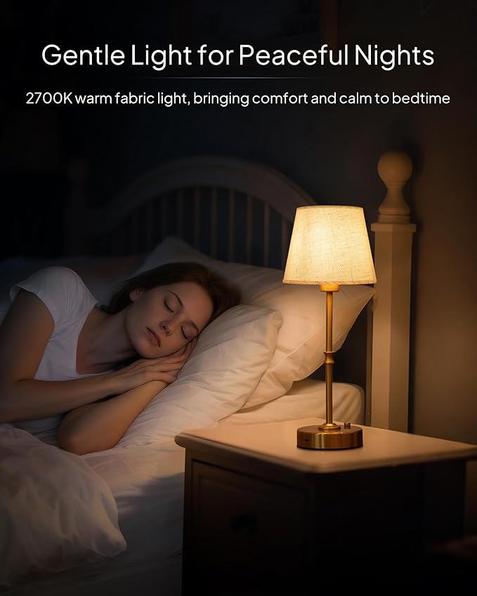 EppieBasic Cordless Table Lamp Rechargeable: Fast Charging & Long Lasting - 2700K Warm Light Vintage Gold Lamps - Dinning Living Room Bedroom - Linen Shade