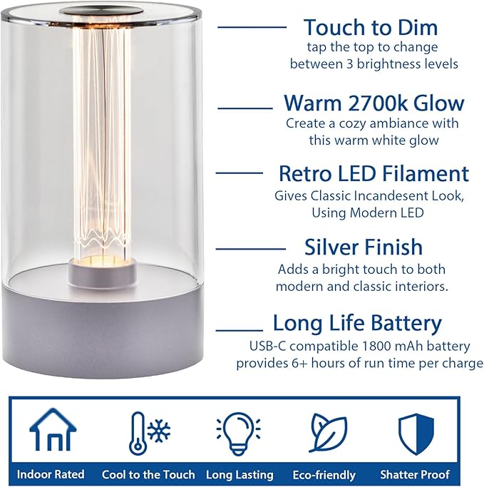 Cordless Table Lamp – Rechargeable Touch Control Bedside Lamp, Dimmable Warm White LED Light with USB-C Charging, 1800mAh Battery, Modern Silver Design, Etched Filament-Style Glow