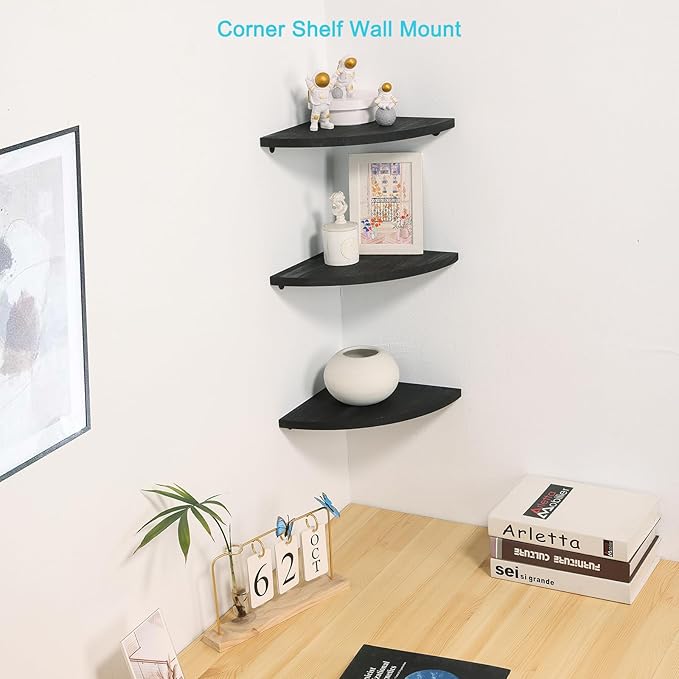 Joiishom Corner Wall Shelf Set of 3, Floating Corner Shelves, Rustic Wood Wall Storage Display Shelves for Living Room Bedroom Bathroom Kitchen (Round Edge-Black)