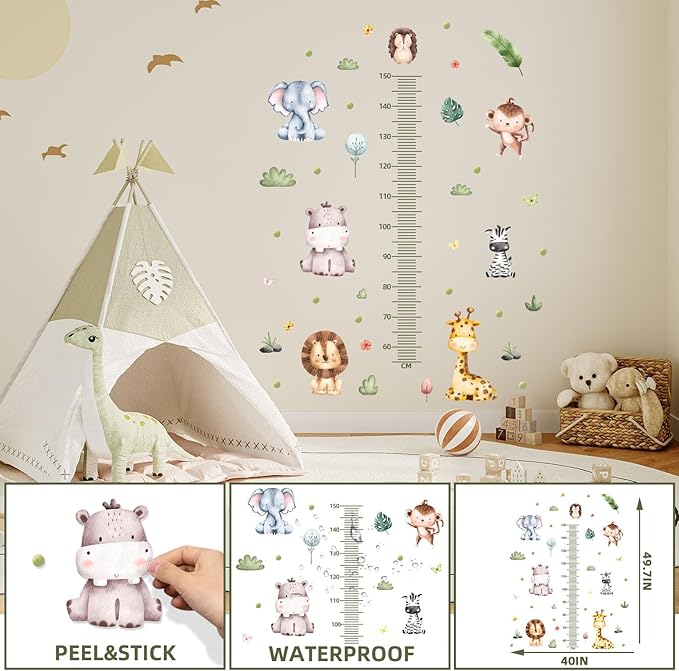 Woodland Kids Growth Chart, Jungle Animals Wall Decals Stickers, Height Chart Measuring Decor for Bedroom Room Nursery Home, Large Removable Stickers Wall Decals Decorations