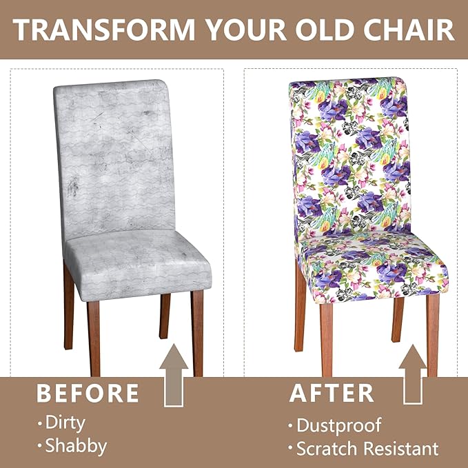 Stretch Dining Chair Covers Set of 8,Floral Print Chair Covers,Soft Removable Washable,Pet Friendly Furniture Protector,Universal Chair Slipcovers for Home, Kitchen,Ceremony Dining Room Seat