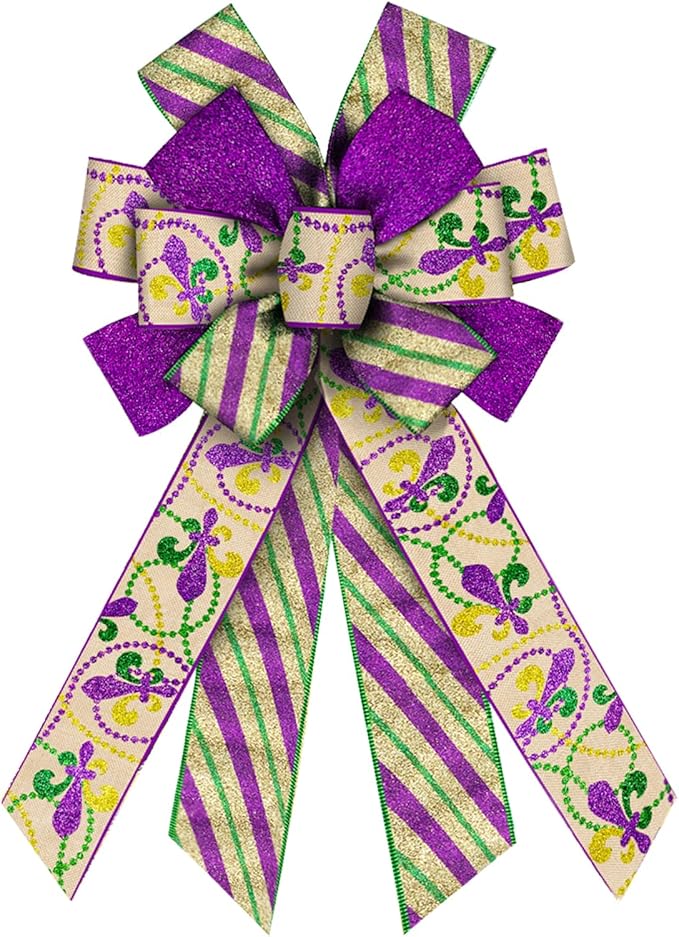 Mardi Gras Wreath Bows Mardi Gras Glitter Strips Flower De Luce Burlap Ribbon Decor Bows for Wreath, Mardi Gras Tree Topper Bow for Lundi Gras Party Fat Tuesday Home Indoor Outdoor Decoration Ornament