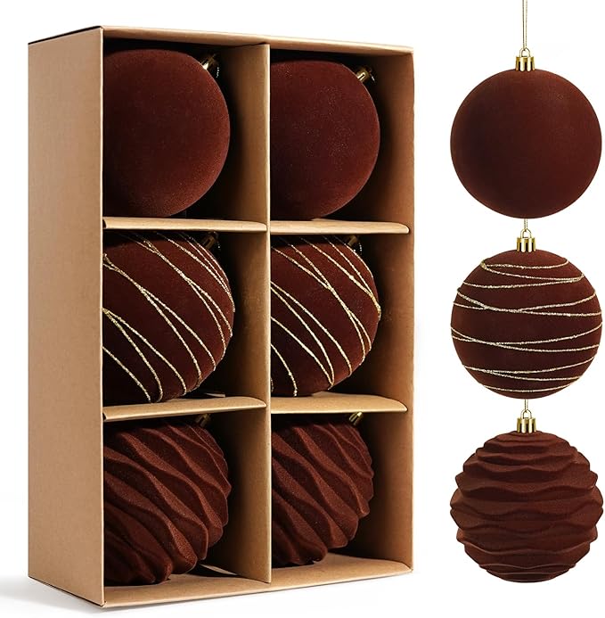 Artmag 6Pcs Velvet Christmas Ornaments Balls Sets for Christmas, Plastic Shatterproof Xmas Tree Flocked 3.94 inch Ornaments Balls for Winter Holiday Decor (Brown)