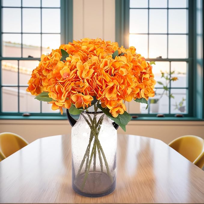 Kimura's Cabin 6pcs Artificial Silk Hydrangea Flowers with Stems Fake Hydrangea Bouquet for Home Table Centerpieces Wedding Party Halloween Decoration (Orange Yellow)