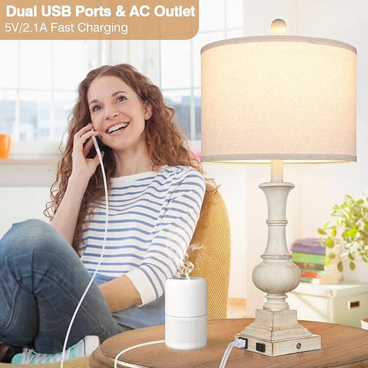 26" Farmhouse Table Lamp, Vintage Rustic Touch Control Bedside Lamp with 2 USB Ports & AC Outlet, Boho Resin 3-Way Dimmable Nightstand Lamp Linen Fabric Shade for Living Room Bedroom End Table White