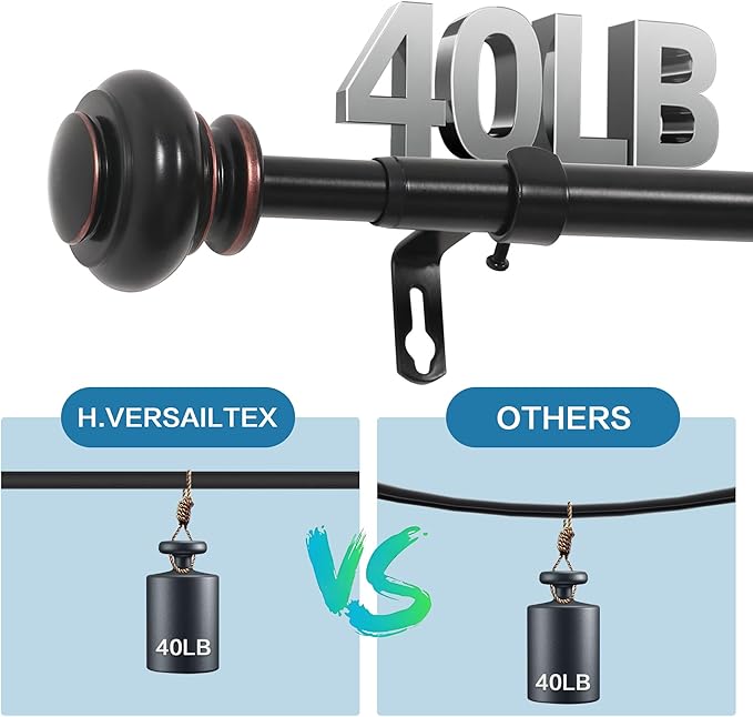 H.VERSAILTEX Curtain Rods for Windows 16.2 to 121.8 Inches 3/4 inch Diameter Adjustable Decorative Telescoping Curtain Rod with Brackets Heavy Duty Splicing Window Rods with Classic Finials, Black