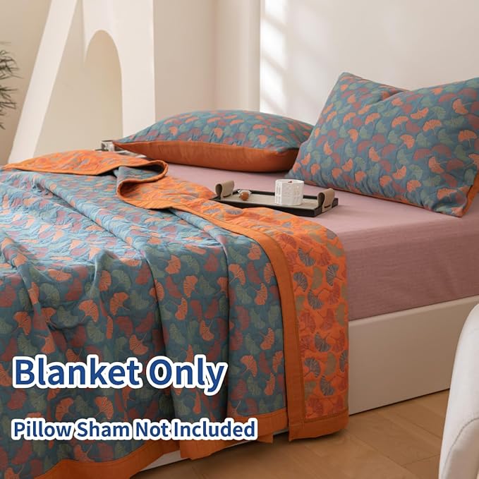 100% Cotton Muslin Blanket Jacquard Floral Ginkgo Leaves Print Quilt, Soft Bed Cover 3 Layers Reversible Bedspread Coverlet Breathable Lightweight Bedding Twin(59"x94"), No Pillow Sham