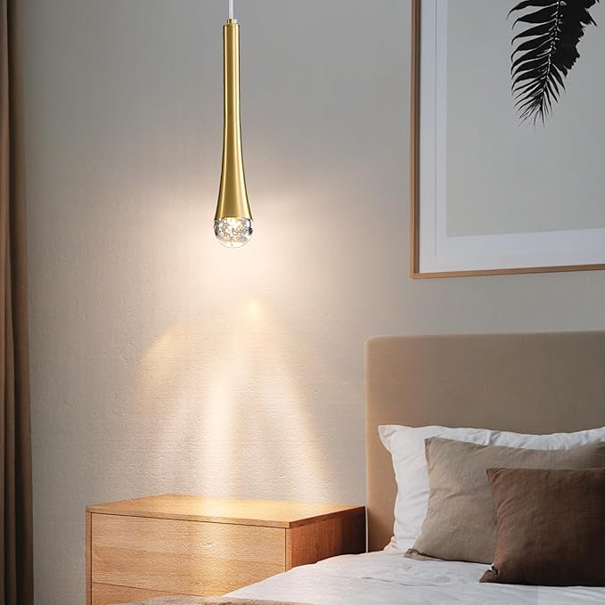 Modern Gold LED Pendant Light, Kitchen Island Ceiling Hanging Lights, Teardrop Bubble Crystal, 3 Color 2700K/4500K/6500K, Bedside Small Chandeliers Lamps for Bar, Dining Room, Bathroom, Hallway