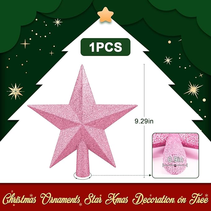 Christmas Tree Topper 10 Inch,Glitter Christmas Ornaments Star Xmas Decoration on Tree for Holiday Ornament or Home Decor(Pink)