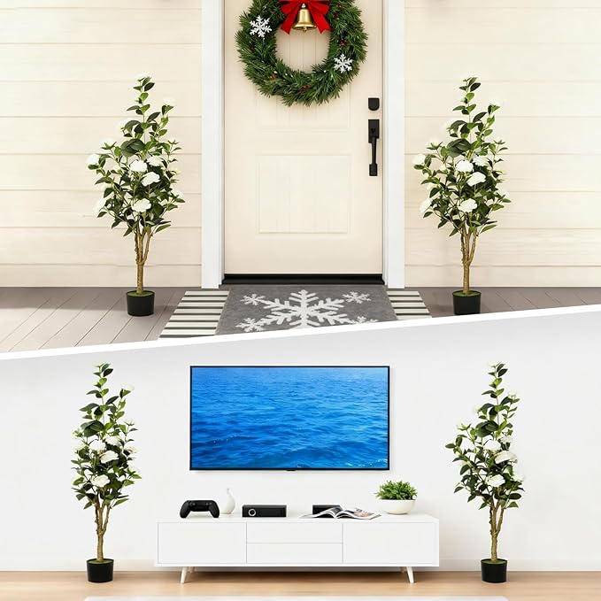 2-Pack 4FT Artificial Camellia Tree,Realistic Fake Potted Plants with Flowers&Planters,Indoor/Outdoor Faux Flowering Trees for Home,Office,Porch,Wedding,and Housewarming Gift Decor,White