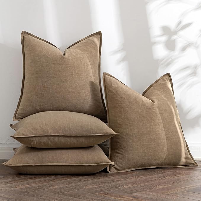 MIULEE Khaki Linen Pillow Covers Pack of 4 Decorative Natural Solid Throw Pillow Covers Soft Accent Boho Farmhouse Couch Pillowcases Modern Home Decors for Living Room Bed Sofa 24x24 Inch