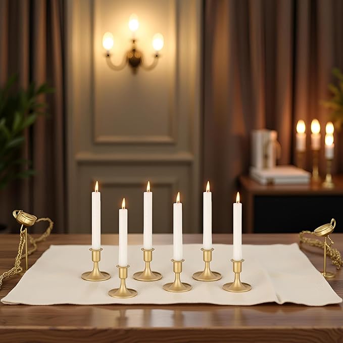Candlestick Holders Taper Candle Holder 12Pcs Brass Gold Metal Vintage Short Stick Holders Set for Home Dinning Table Wedding Centerpiece Holiday Party Chrismas Mantel Holiday Dinner Base Widening