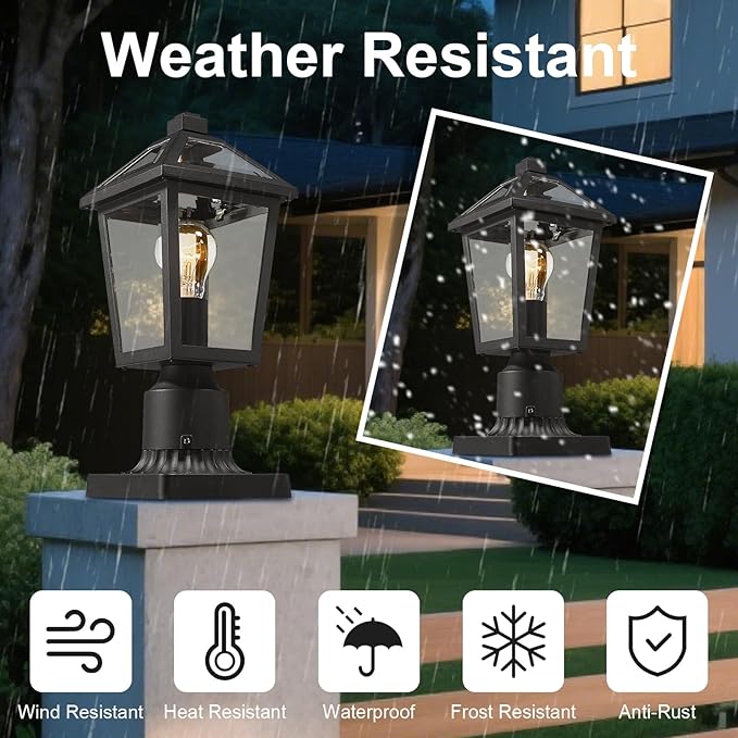 Outdoor Post Lights Fixtures, Lamp Post Light Fixture Black Finish, Waterproof and Anti-Rust Aluminum Pillar Outside Lighting for Walkway, Driveway, Patio, Porch, 7H1P BK