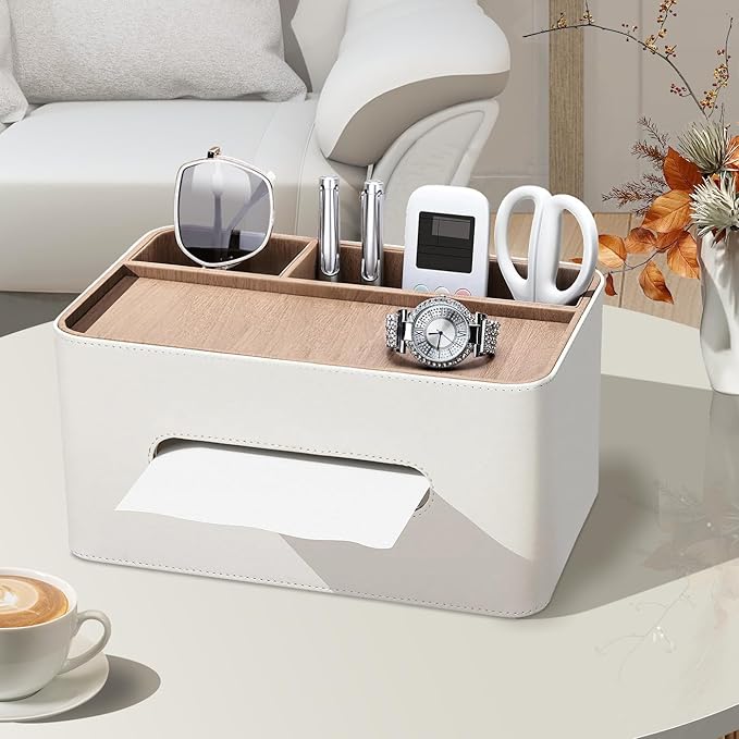 PU Leather Tissue Box Cover Rectangular with Storage Organizer, Multifunctional Remote Control Holder, Desk Organizer for Living Room, Bedroom, Office, Decorative Tissue Holder with Compartments Beige