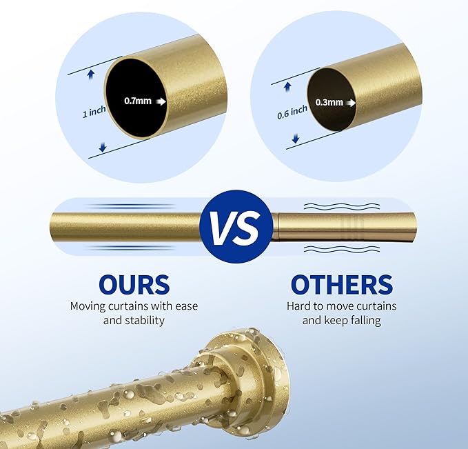 Shower Curtain Rod, 1" Diameter Heavy Duty Tension Shower Rod, Non Slip Adjustable 28-102 inch No Drilling Shower Curtain Rods Spring Tension For Bathroom, Shower Stall, No Rust, Chrome Gold