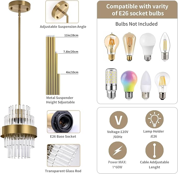Pendant Light Fixtures, 7inch Modern Glass Pendant Light, 2 Pack Brass Color Kitchen Island Pendant Lights, Height Adjustable Pendant Lighting